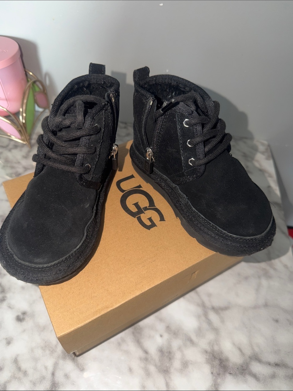 UGG Kids Black Suede Lace-Up Ankle Boots